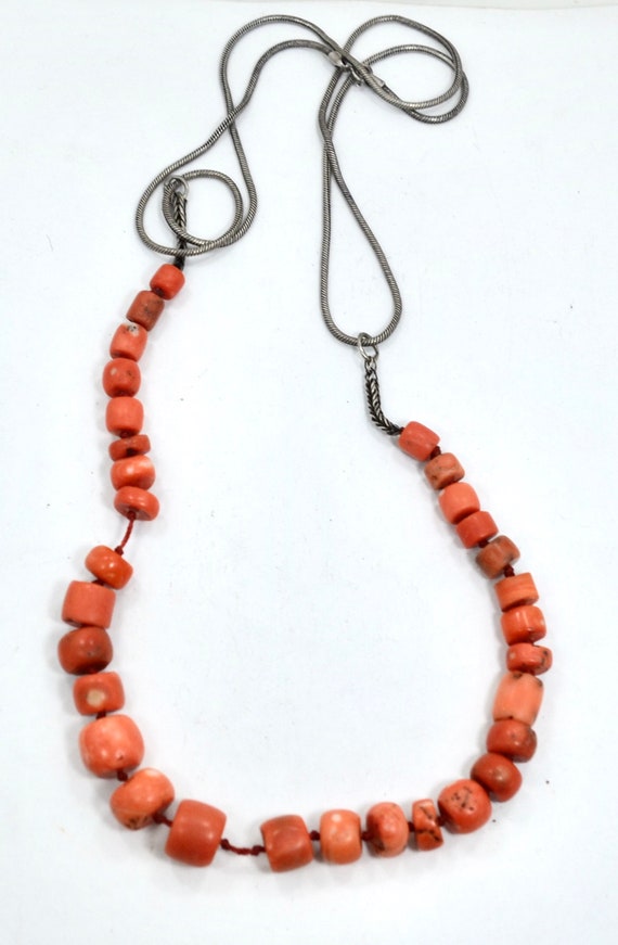 Antique Tribal Coral Beaded Silver Necklace