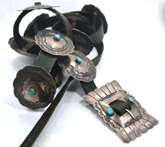 1940s Navajo Silver Turquoise Concho Belt 50"