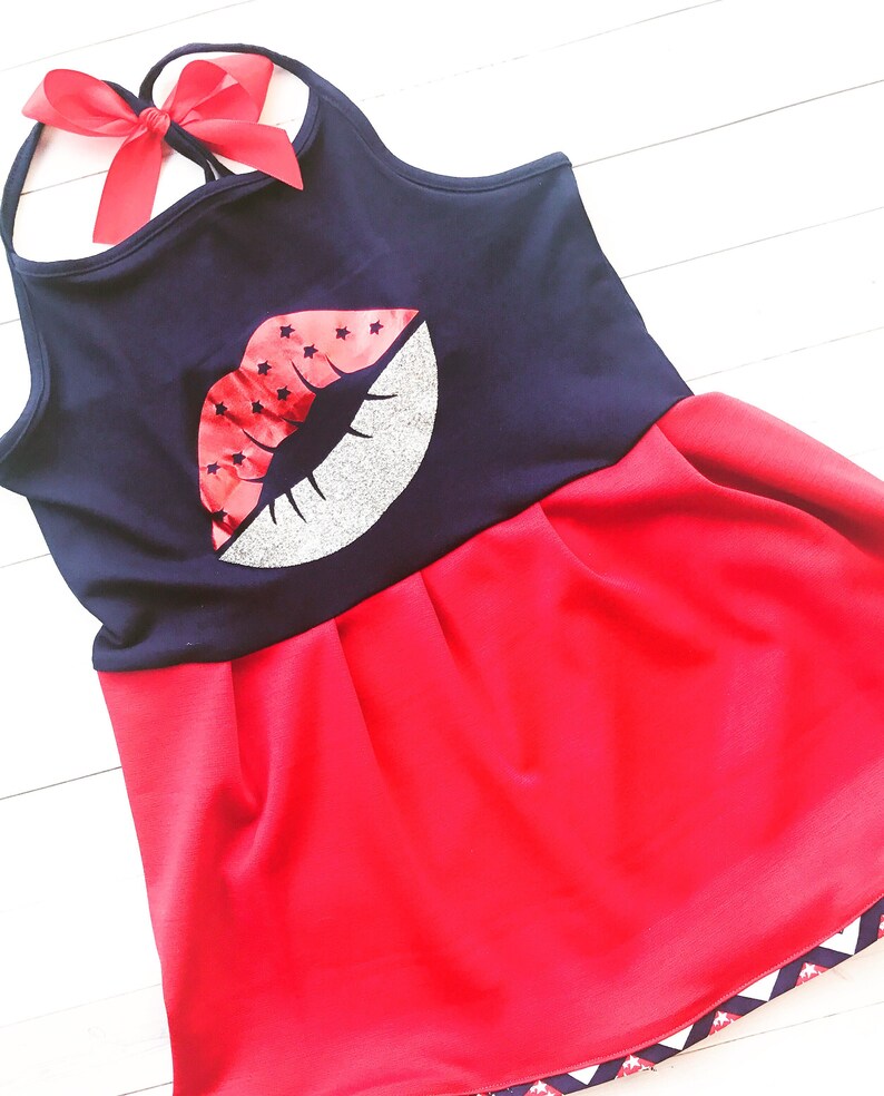 Red and Silver Glittered 4th of July Lips Red and Blue Dress