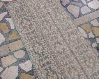 Vintage Turkish Patch Runner Rug: Small Low Pile Faded Rug (10.8x2.8 feet)
