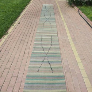 以下が含まれることがあります： 中央に幾何学模様が施された、長く細いストライプの敷物。敷物は天然繊維で作られており、両端にフリンジが付いています。敷物はレンガ敷きの通路に敷かれています。