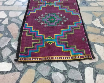 Alfombra geométrica vintage de lana: felpudo turco Oushak (192 x 70 cm)