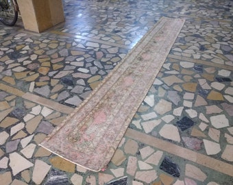 Vintage Oushak Patch Runner Rug: Handmade Faded Wool Turkish Rug