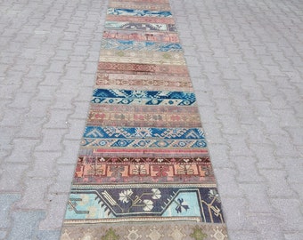 Vintage Wool Patchwork Runner Rug: Turkish Oushak Hallway Decor (2.5x15 feet)