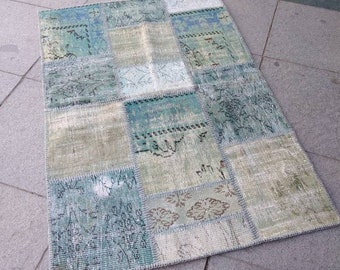 vintage turquase carpet patch rug sheep wool rug 177x118 cm/ft5.8x4