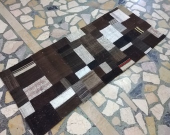 Vintage Black Kilim Rug, Turkish Wool Patchwork Runner (5.9x2.4 ft)
