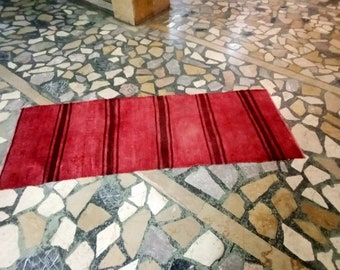 Red Wool Oushak Runner Rug - Small Vintage Faded Rug