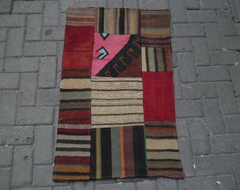 patchwork vintage petit tapis Oushak, petit tapis kilim, 102x65cm / ft.2.13x3.34