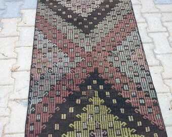 Alfombra de lana geométrica vintage, marrón oscuro, 2,6 x 10,5 pies