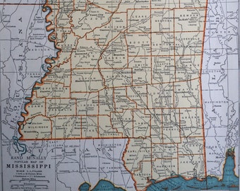 1937 Mississippi Original Vintage Map - United States - US State Map - Available Framed