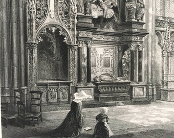 1876 Tomb of Louis de Breze, Rouen Cathedral Original Antique Steel Engraving - Mounted and Matted - France - Religion - Decorative Art