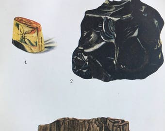 1916 Minerals Original Antique Lithograph - Mounted and Matted - 8 x 10 inches -  Amber, Asphaltum, Lignite - Mineralogy - Crystals