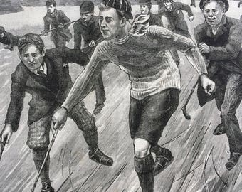 1892 Hockey on Ice Original Antique Matted Engraving drawn by E.Vickers - Ice Hockey - Winter Sports - Vintage Sport Art - Victorian Decor