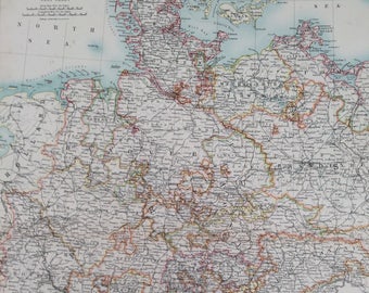 1898 German Empire (Western Part) Extra Large Original Antique A & C Black Map - Prussia - Bavaria - Wall Decor - Gift Idea
