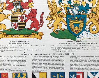 1940s Heraldic Achievements and Shields Original Vintage Print - Mounted and Matted - Heraldry - University Shields - Available Framed