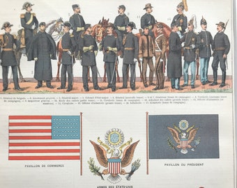 1897 United States - Army and Flags Original Antique Print - Military Decor - USA History - Mounted and Matted - Available Framed