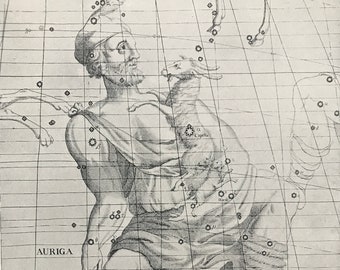 1923 Auriga, the Charioteer Original Antique Print - Star Map - Astronomy - Mounted and Matted - Available Framed