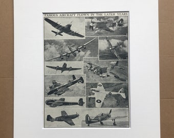 1940s Famous Aircraft flown in the Later Years Original Vintage Print - Mounted and Matted - WWII- Military decor - Available Framed