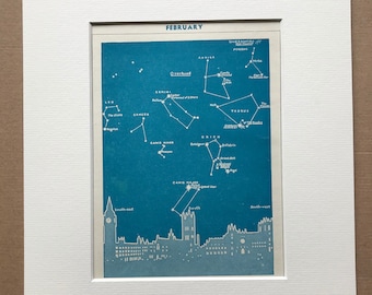 1940s February Star Map seen over London Original Vintage Print - Mounted and Matted - Astronomy - Celestial Art - Available Framed