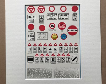 1940s Road Signs Original Vintage Print - Mounted and Matted - Traffic Signals - Highway Code - Driving - Available Framed