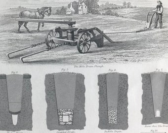 1858 Draining - The Mole Drain Plough and Implements used for making various kinds of Drains Original Antique Engraving - Agriculture