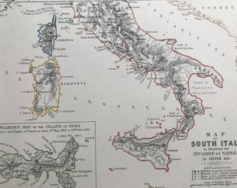 1875 Map of South Italy to illustrate the Invasion of Naples in 1806 Original Antique Map - Military History - Available Framed