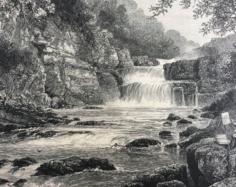 1876 Stonebyres Falls, on the Clyde, Near Lanark Original Antique Wood Engraving - Mounted and Matted - Landscape - Available Framed