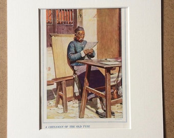 1940s Chinese Old Man Original Vintage Print - China - Mounted and Matted - China - Available Framed