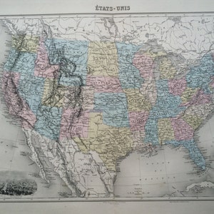 Carte ancienne originale des États-Unis d'Amérique de 1892, Nouvel Atlas Illustre, carte de l'atlas français, géographie, cartographie, carte historique