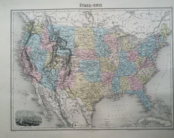 1892 United States of America Original Antique Map, Nouvel Atlas Illustre, French atlas map, Geography, Cartography, Historical Map