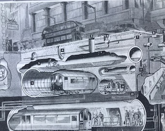 1940s Activities under London's Streets Original Vintage Print - Cross Section Diagram - London Underground - Tube - Available Framed