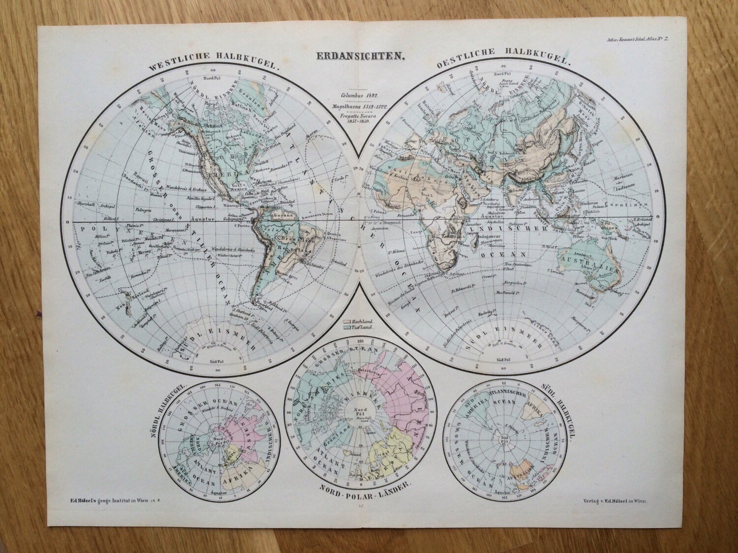 1880 The World in Hemispheres Original Antique Map, 10 x 12.75 inches