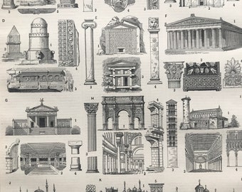 1897 Styles of Architecture Original Antique Print - Column - Pilar - Temple - Architect Gift - Mounted and Matted - Available Framed