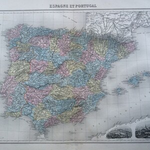 Carte ancienne originale de l'Espagne et du Portugal de 1892, Nouvel Atlas Illustre, carte de l'atlas français, géographie, cartographie, carte historique