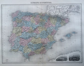 1892 Spain & Portugal Original Antique Map, Nouvel Atlas Illustre, French atlas map, Geography, Cartography, Historical Map