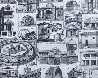 1897 Types of Habitation Original Antique Print - Civil Architecture - House Design - Mounted and Matted - Available Framed