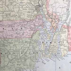 Carte ancienne originale du Rhode Island de 1901 - carte de l'État - RI - États-Unis - Nouvelle-Angleterre - passe-partout et passe-partout