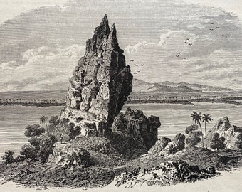 1880 View of Borabora, one of the Coral Islands (showing Fringing Reefs) Original Antique Print - Mounted and Matted - Available Framed