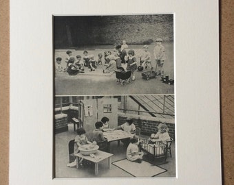 1940s Children Playing at Nursery Original Vintage Print - Mounted and Matted - Child - Children - Available Framed