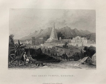 1871 The Great Temple, Hurdwar Original Antique Steel Engraving - Haridwar - India - Mounted and Matted - Available Framed