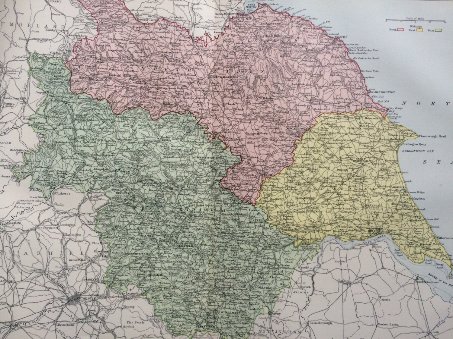 1875 YORKSHIRE large original antique map, cartography, geography, wall