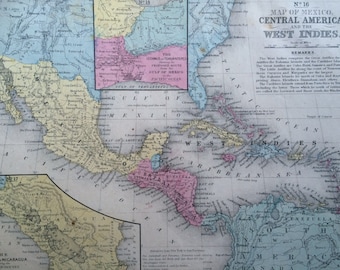 1855 Central America, Mexico & West Indies Original Antique hand coloured Map - Available Mounted and Matted