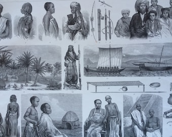 1870 Zanzibar and Swahili Peoples - African Tribes, Art and Culture Original Antique Print - Ethnography - Available Framed