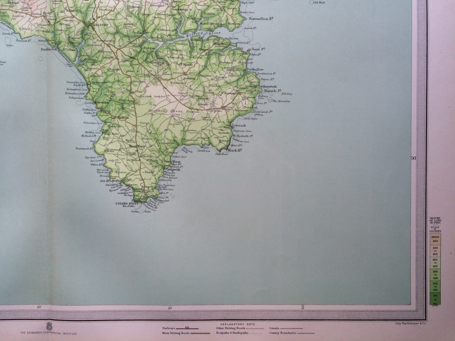 1903 LAND'S END & Falmouth Large Original Antique Map, 17.5 x 23 inches