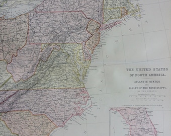 1882 United States Atlantic States and Valley of the Mississippi Large Original Antique Map, 15 x 22 inches, Home Decor, Cartography