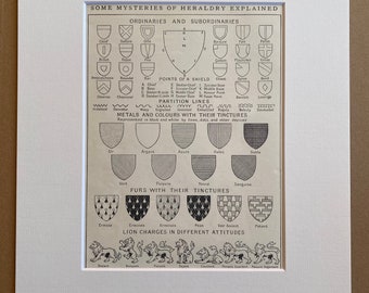 1930s Some Mysteries of Heraldry Explained Original Vintage Print - Royalty - Mounted and Matted - Available Framed