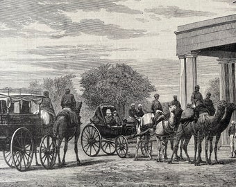 1864 Punjab - Camel Carriage used by the Lieutenant-Governor of Punjaub Original Antique Engraving - India - Pakistan - Available Framed