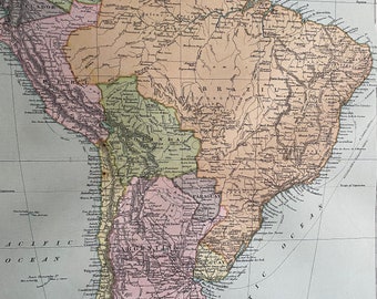 1898 South America Original Antique Map with inset maps of Rio de Janeiro and Buenos Aires - Large Wall Map