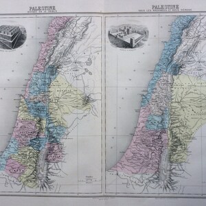 1892 Palestine divisée en 12 tribus et sous les Macabees et sous Hérode, carte ancienne originale, Nouvel Atlas Illustre, carte de l'atlas français