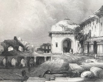1871 Ruins at Futtipur, Sikra Original Antique Steel Engraving - India - Mounted and Matted - Available Framed